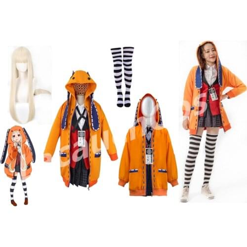 Anime Yomo duki Runa Cosplay Costume Gambler Full Coat Shirt Skirt Stockings Wig Hooded Jacket Halloween Costume JK Uniform