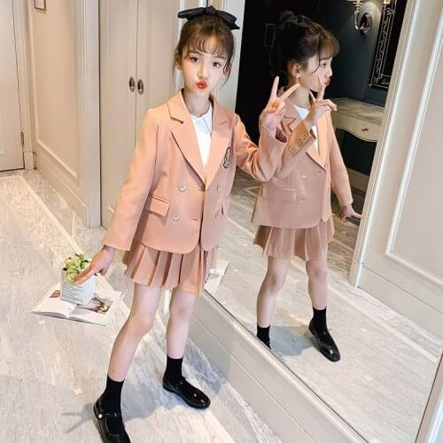 Girls Spring Autumn Jk School Uniform Suit Set Children Solid Blazer Skirts Clothing Set Kids Party Dance Performance Costume