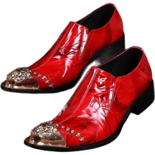 Red Genuine Leather Wedding Shoes Men Luxury Rivet Metal Pointed Toe Personality Business Dress Shoes BritishTrendy Casual Shoes