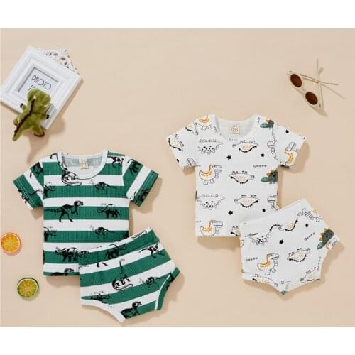 Newborn Baby Summer Clothes Sets Toddler Infant Kids Boys Girls Knitted Dinosaur Striped Print T-Shirts+High Waist Shorts 2pcs