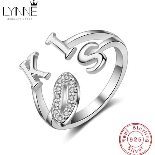 LYNNE Jewelry Hot 925 Sterling Silver AA Zircon Rings Personality Letter KISS Open Resizable CZ Ring Women&Girl Anniversary Gift