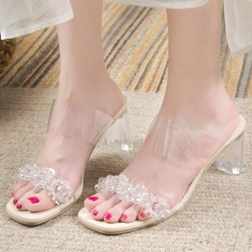 Fashion Women Sandals High Heels 2.75 Inches Beautiful Pearl Sexy Leisure Slippers（Size 34-41