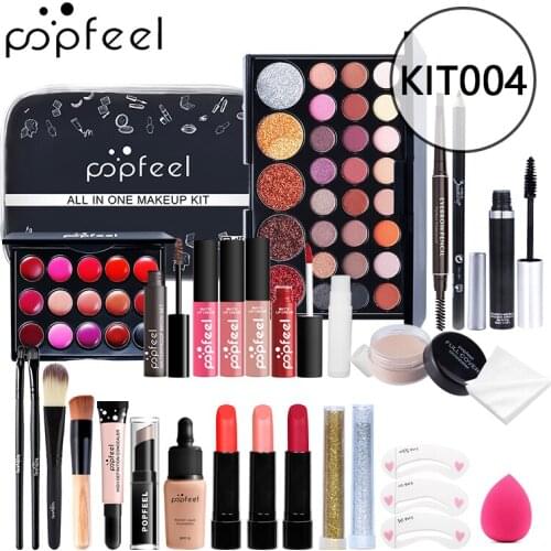KIT004(27pcs) POPFEEL ALL IN ONE Makeup Kit Professional Cosmetics Full Set Eyeshadow Lip Makeup Brushes Eyebrow Concealer Bag