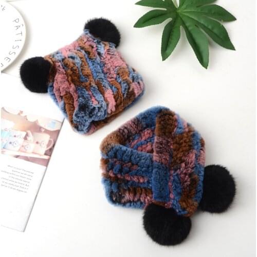 New Fur Scarf for Kids Rex Rabbit Fur Hat and Scarf Suit Totally Hand-knitted Rex Rabbit Fur Scarf Hat For 2 to 7 Years Old