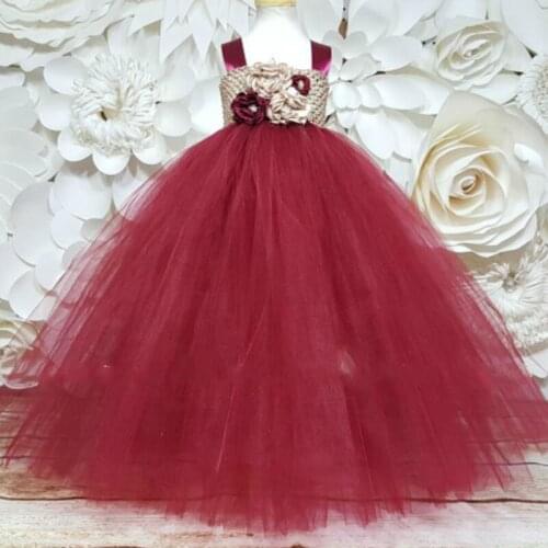 Girls Burgundy Flower Tutu Dress Kids Crochet Tulle Dress Ball Gown with Straps Children Wedding Birthday Party Costume Dresses