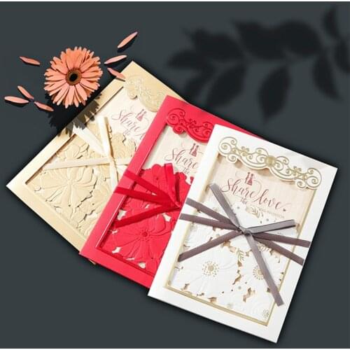 50Pcs White Red Paper Invitation For Wedding Marriage Birthday Laser Cut Thank You Card With Envelope Ribbon Custom Printing