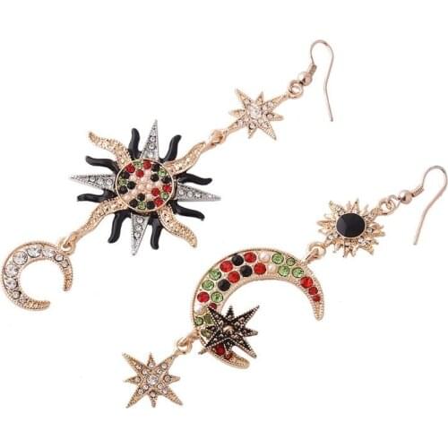 Luxury Sun Moon Mismatched Crystal Drop Earrings for Women Asymmetrical Jewelry