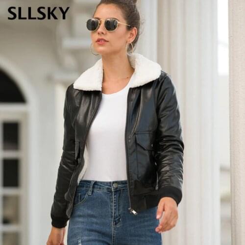SLLSKY Women Pu Leather Wool Coat Winter Casual Black Moto Biker Jacket Warm Fur Leather Turn-Down Collar Zipper Streetwear