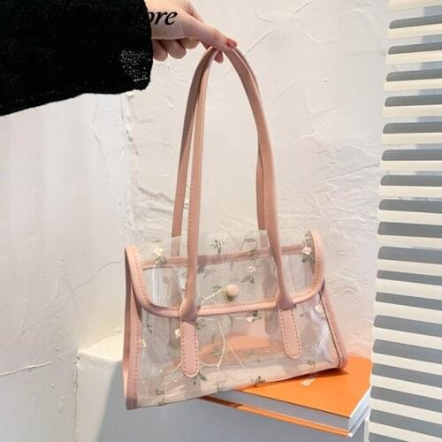 Flower Embroidery Handbags Transparent Lace Women Shoulder Totes Elegant Purse Crossbody Bags Luxury Brand Summer Bag 2021