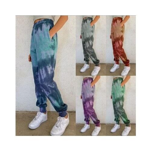 Womens Elastic Band Casual Trousers Autumn Winter Womens Fashion Popular Tie-dye Printing Small Feet Lantern Casual Trousers