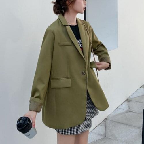2020 Autumn Fashion Women Blazer Coat Green Full Sleeve Lapel Collar Office Lady Loose Slim Thin Wild Solid Jacket C377