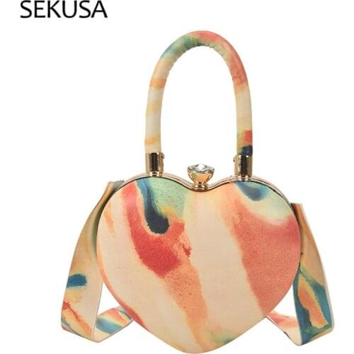 Heart Shaped Design Women Day Clutch Rainbow PU Handbags Diamonds Metal New 2021 Evening Bags Purse