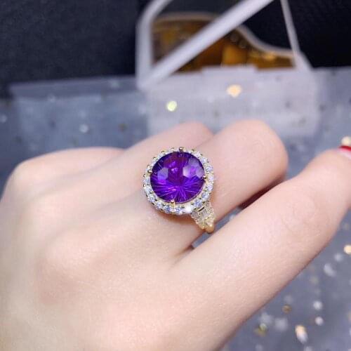 Big size natural purple Amethyst gemstone ring women fine jewelry purple shiny bright color round gem birthday party date gift