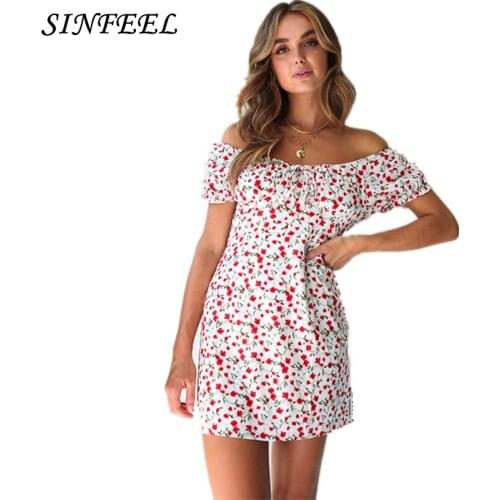 Women Summer Dress Sexy Off Shoulder Slash Neck Floral Print Short Sleeve Slim Bodycon Beach Party Mini Dresses Holiday Vestidos