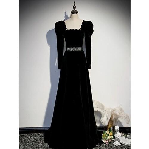 Vestido De Festa Square Neck Evening Dress Robe De Soiree 2021 New Fashion Black Velvet Long Sleeve Evening Dresses Formal Dress