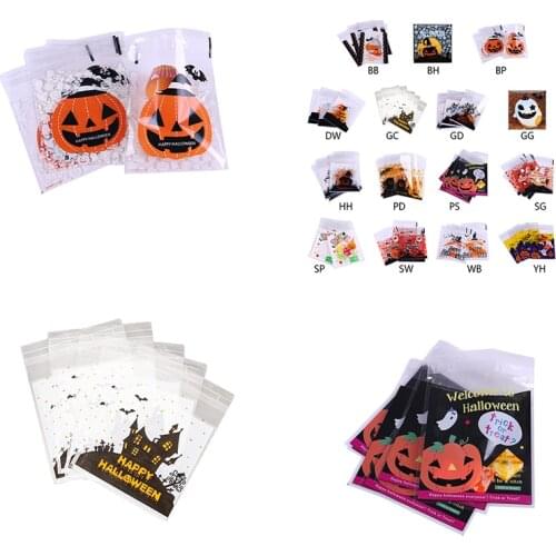 100Pcs Halloween Candy Biscuit Self Adhesive Bag Cartoon Pumpkin Witch Ghost Print Clear Treat Bakery Packaging Snack Bags