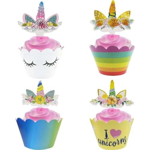 24pcs Unicorn Cupcake Wrappers Cake Toppers Unicorn Party Cake Decorating Supplies Birthday Party Decorations Kids Baby Shower