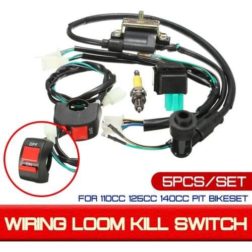 5pcs/set For 110cc 125cc 140cc Pit Bikeset Dirt Bike ATV Wiring Loom Kill Switch Coil CDI Plug Kit 2Pin