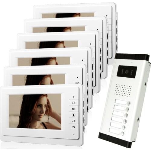 FREE SHIPPING No Tax Brand New 7" Color Video Intercom Door Phone System 6 White Screens 1 Doorbell Camera for 6 House In Stock
