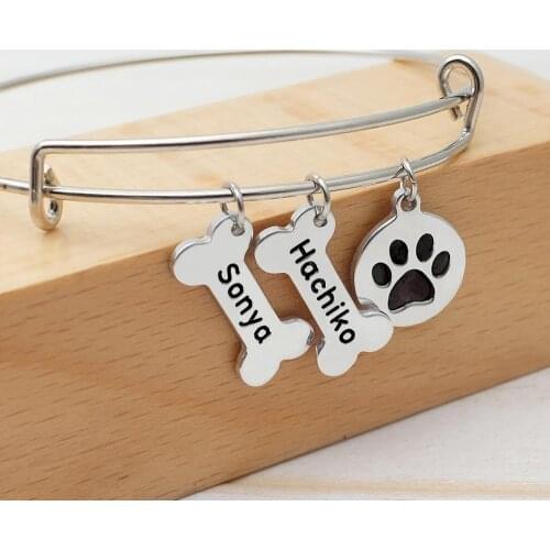 Personalized Dog Name Bracelet Bangle,Custom Pet Portrait Bracelet,Dog Bone Charm Bracelet Adjustable Bangle,Dog Lover Gift