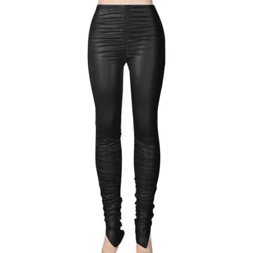 Faux Leather Stacked Pants Side Split Ruched Mid Waist Pencil Pants Autumn Women Clothing Bodycon Party Trousers