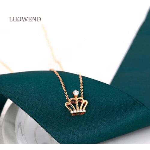 LUOWEND 18K Solid Yellow Gold Pendant Necklace Natural Diamond Fine Jewelry Women Engagement Necklace Birthday Gift Crown Shape