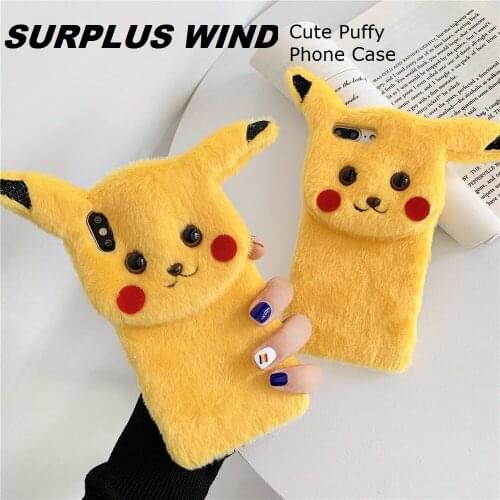 Fluffy Phone Case For iPhone 11 Pro Max Cute Plush Pika Bumper ShockProof Back Cover for iPhone X XsMax iPhone 7 8 Case Funda