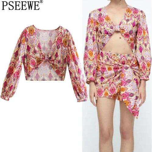 PSEEWE Za 2021 Floral Top Women Knotted Crop Top Female Vintage Long Puff Sleeve Chic Woman Blouse Fashion Beach Summer Blouses