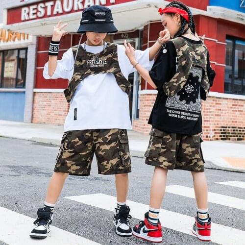 ChildrenS Hip-Hop Clothes Camouflage Vest Short-Sleeved Streetwear Hiphop Girls Jazz Dance Performance Rave Clothes DN9283