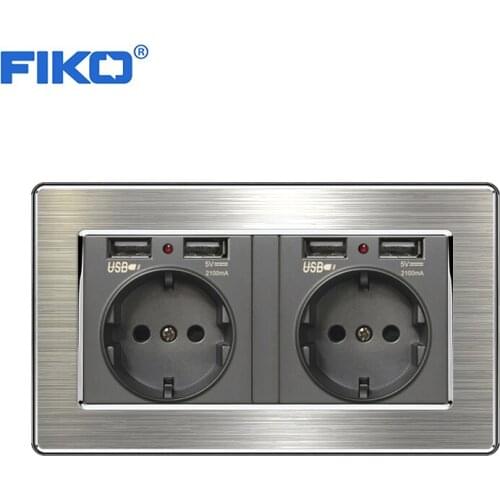 FIKO EU standard wall power electrical socket with usb plug grounded stainless steel panel double usb outlet 4 charge port
