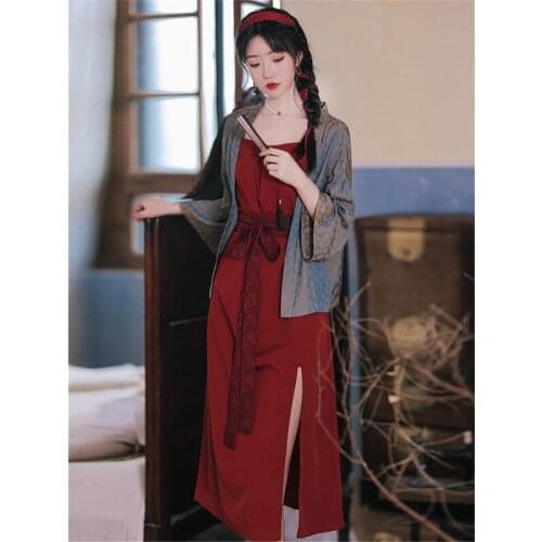 Chinese Long Skirt 2021 Summer New Retro Style Improved Version Elegant Fashion Flower Print Bouquet Waist Thin Two-Piece Dress