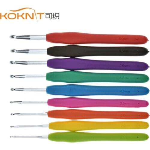 KOKNIT 9pcs/set Aluminum Crochet Hooks Soft Silicone Handle Ergonomic Knitting Needle Set
