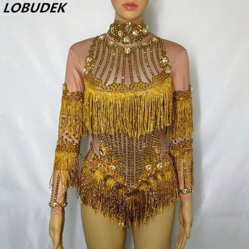 Gold Tassels Crystals Bodysuit Long Sleeve Stretch Rhinestones Jumpsuits Sexy Party Zentai Stage Outfit Nightclub Lady Costume