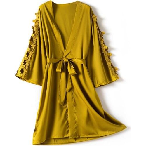 Lace Cardigan Bride Robe Sexy Solid Bridesmaid Kimono Nightgown Waistband Sleepwear Summer Short Bathrobe Satin Nightdress Gown