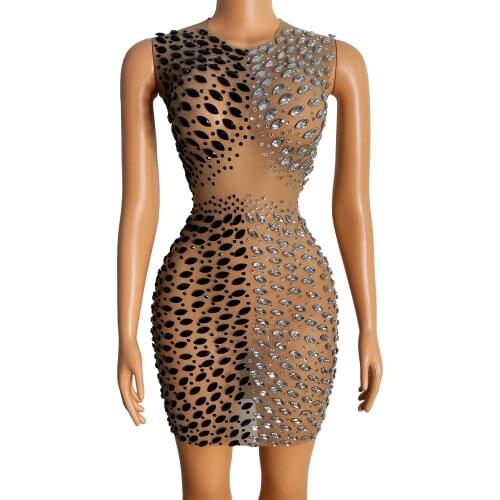 Summer Sparkly Silver Black Rhinestones Sleeveless Dress Singer Evening Birthday Party Stage Sexy Transparent Mesh Costume