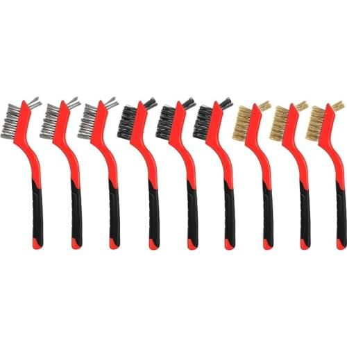 Wire Brush Set 9Pcs -7 Inch Nylon/Brass/Stainless Steel Bristles with Curved Handle Grip for Rust Dirt & Paint Scrubbing