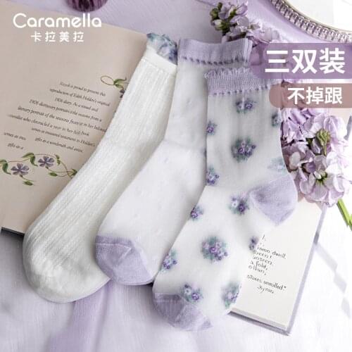 3Pairs Caramella Womens Lae Silk Socsk Spring Summer Bauhinia Pattern Thin Socks Ice Silk Cotton Comfortable Socks for Girls