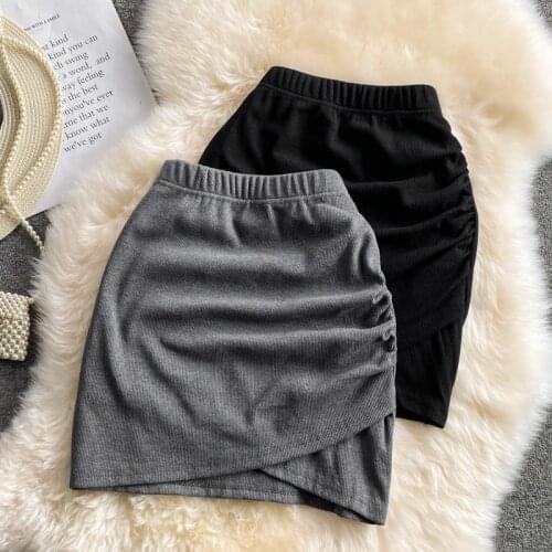 New Fashion Womens Summer Solid Skirt Korean Style Elegant Irregular Knitting Stretchy Elastic Waist A-Line Slim Mini Skirts