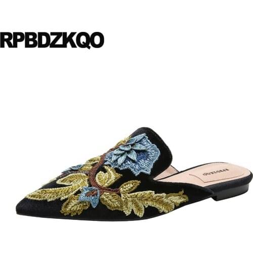 Pointed Toe Mules Flats Embroidery Sandals Applique Flower Satin Slippers Handmade Velvet Chinese Embroidered Shoes Floral Women