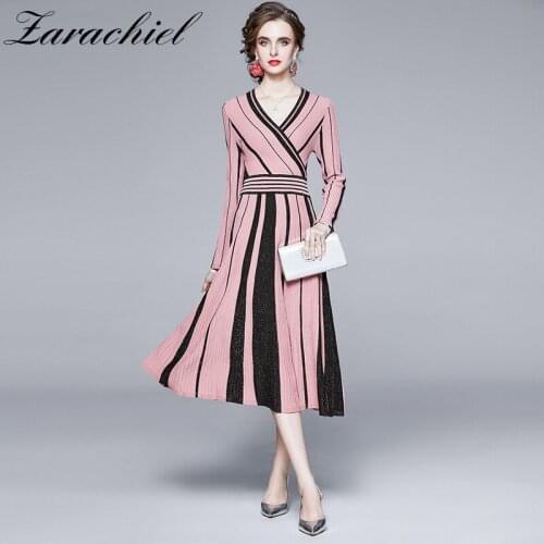 Fashion Autumn Sparkling Sweater Dress Women Long Sleeve V-Neck Striped Pullover Knitted Dress Female Pleated Mid-Calf Vestidos