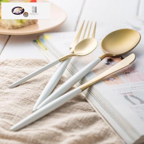Portuguese Celebrity Style Cutlery White Handle Brushed Gold Silver Steak Knife Fork 304 Stainless Steel Coffee Spoon 6 Pieces