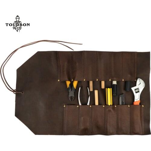 Tourbon Vintage Leather Big Tool Roll Up Bag (12 Slots) Portable Carry On Pouch Workshop Storage Woodworking Tools Organizer