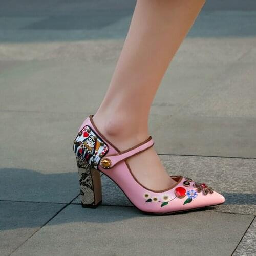Spring and autumn new fashion printed high heel leather rhinestone beaded thick with womens shoes pointed Mary Jane shoes