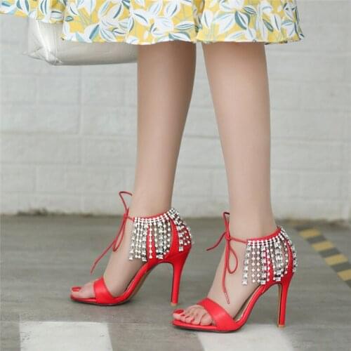 YMECHIC 2018 Fashion Sexy Summer Cover Heel Crystal Rhinestone Fringe High Heels Party Shoes Lace Up Women Sandals Plus Size