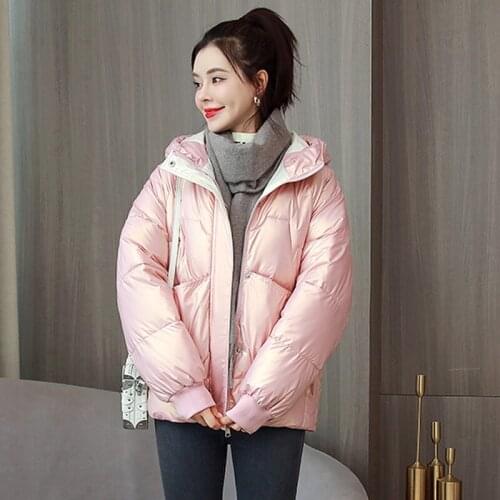 Womens Winter Short Glossy Thick Jacket Casual Loose Cotton Padded Coat Outwear Female Shiny Hooded Zipper Down Cotton Parkas