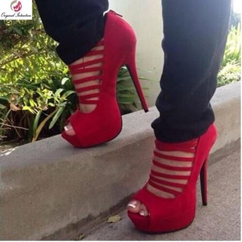 Original Intention Grace Women Open Toe Sandals Narrow Band Red High Heels Flock Fashion Shoes Woman Plus Size 4-20