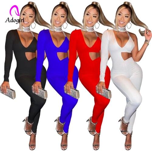 Fitness Women Rompers Solid Hollow Out One Shoulder Skinny Jumpsuits 2021 Autumn Activewears Sexy Club Party One Piece Overalls