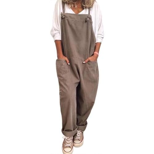 2020 Women Casual Solid Strappy Dungarees Vintage Cotton Linen Loose Party Long Harem Overalls Rompers Jumpsuits