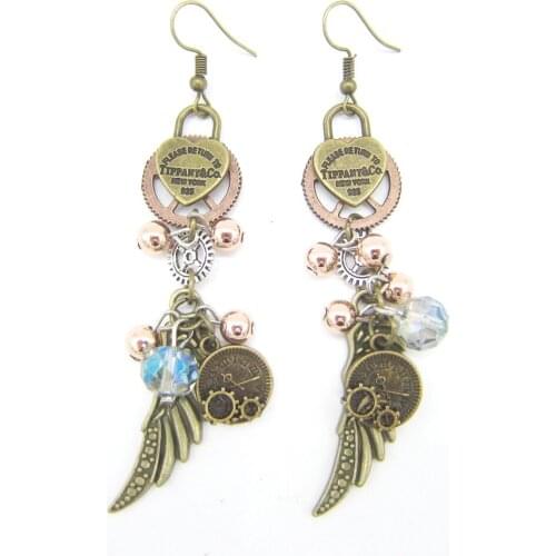 Fancy Design Heart Lock and Clock Wing Charms Vintage Steampunk Women`s Earrings