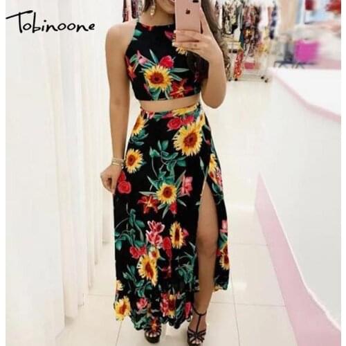 Tobinoone Floral Print Crop Top And Long Split Skirt Sets Women Spaghetti Strap Backlesss Sexy Two Piece Set Summer Casual Sets